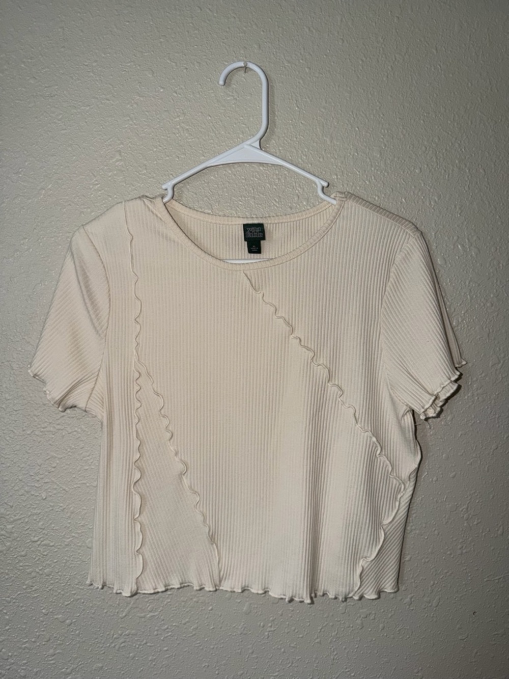 wild fable Cream Ribbed Lettuce-Edge Short Sleeve Crop Top